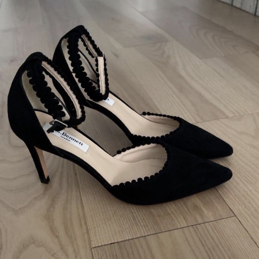 L.K. Bennett Black Suede Pump Pom Pom Trim Ankle Strap